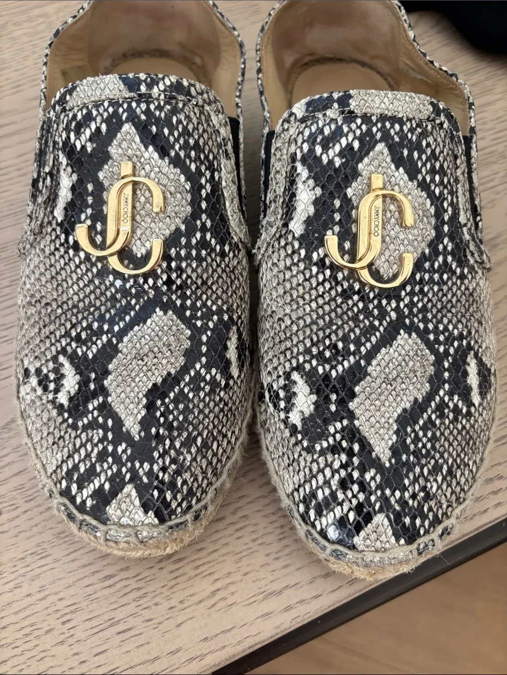 Jimmy Choo Black and Cream Snake-Print Espadrille Mules with Gold JC Logo